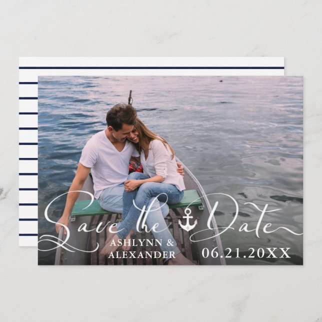 Save The Date Ancre nautique Typographie de script photo Marine  (Devant / Derrière)