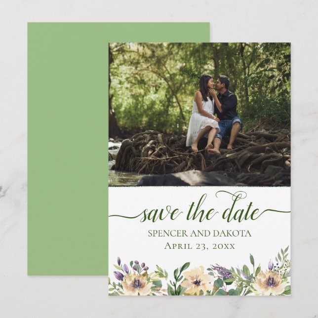 Save The Date Anemone Floral Purple Cream Boho Green Photo (Devant / Derrière)