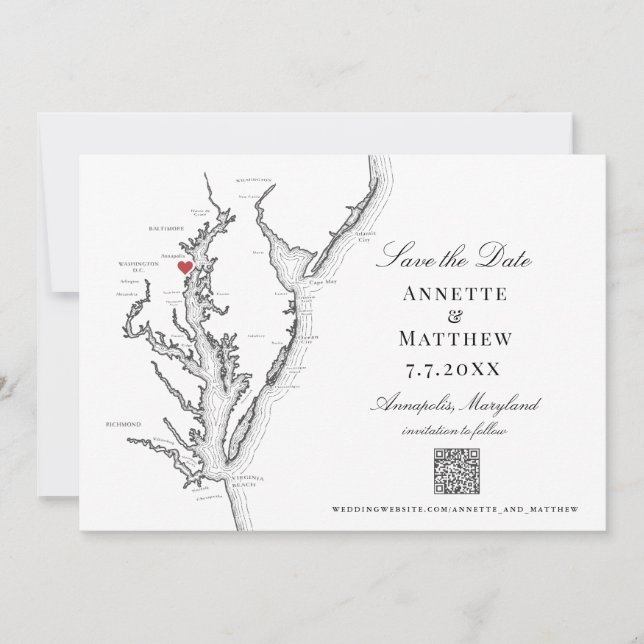 Save The Date Annapolis MD Mariage Elegant noir blanc code QR (Devant)