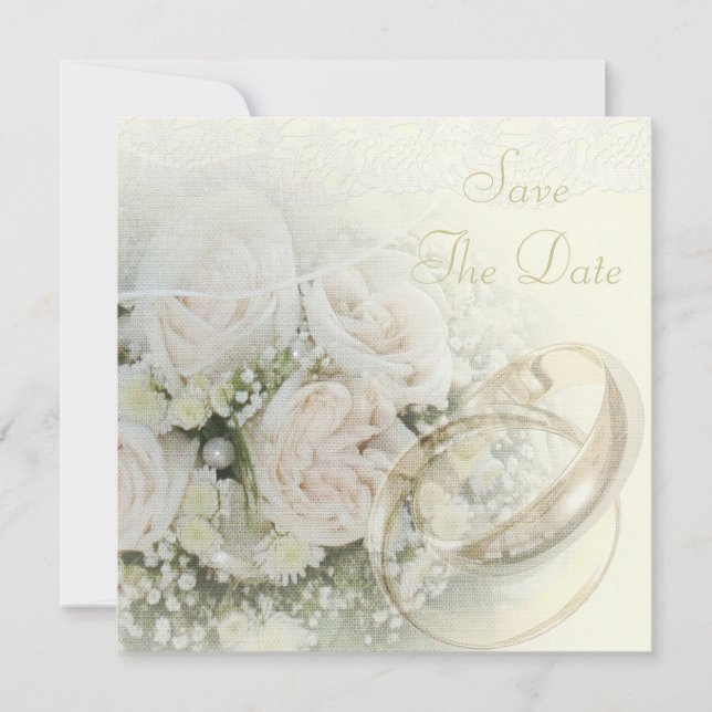 Save The Date Anneaux de mariage, Roses, Colombes & Dentelle Enr (Devant)