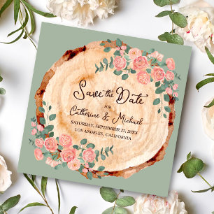 Save The Date Anneaux d'écorce en bois rustique Aquarelle rose R