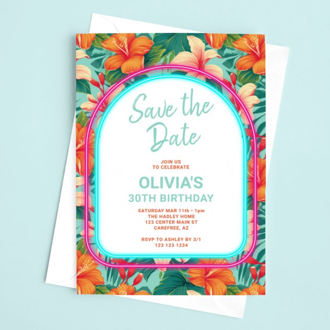 Save The Date Anniversaire du néon électrique tropical (Créateur téléchargé)
