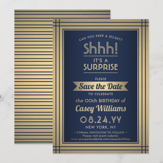 Save The Date Anniversaire Surprise Party Elégant Marine Bleu et (Devant / Derrière)