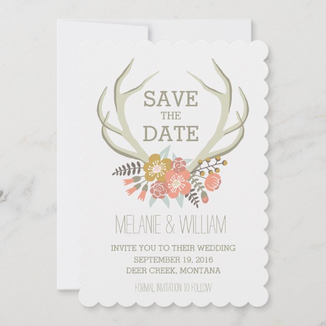 SAVE THE DATE ANTLERS FLORAUX | ENREGISTRER LA DATE RUSTIQUE (Devant)