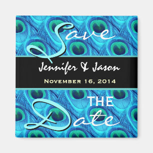 Save the Date Aqua and Cobalt Peacock Feathers Magnet