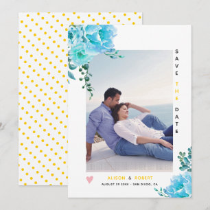 Save The Date Aqua bleu aquarelle fleurs, photo jaune feuille