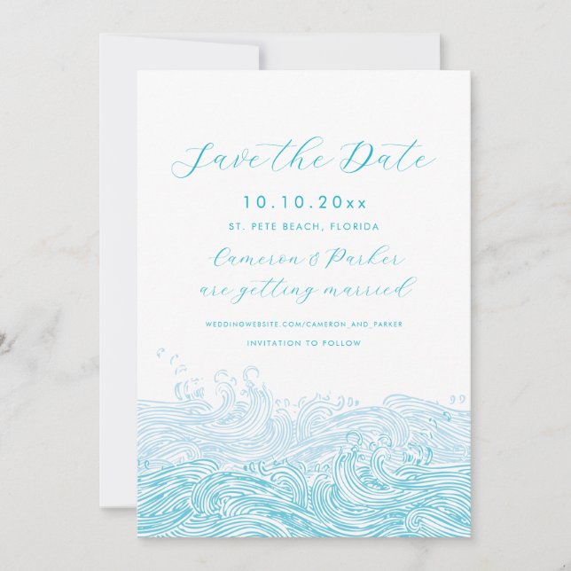 Save The Date Aqua Blue Ocean Waves Beach Wedding Enregistrer La (Devant)