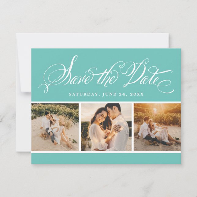 Save The Date Aqua Calligraphy Script Mariage Photo Collage (Devant)
