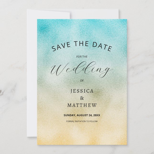 Save The Date Aqua et Gold Ombre Foil (Devant)