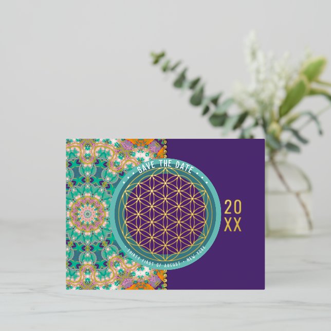 Save the Date Aqua Orange Flower of Life Geometry Foil Invitation Postcard (Standing Front)