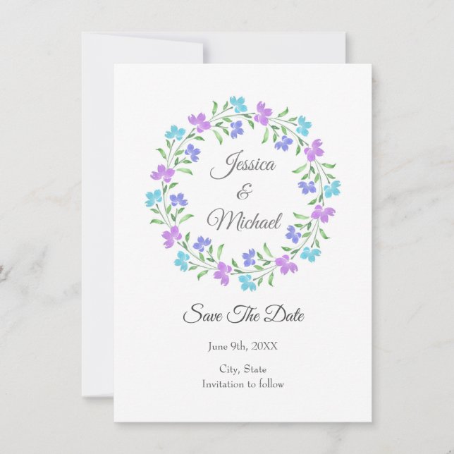 Save The Date Aqua, Périwinkel, Aquarelle violette, Courbe Flora (Devant)