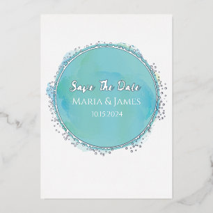 Save The Date Aqua Teal Watercolor with Silver