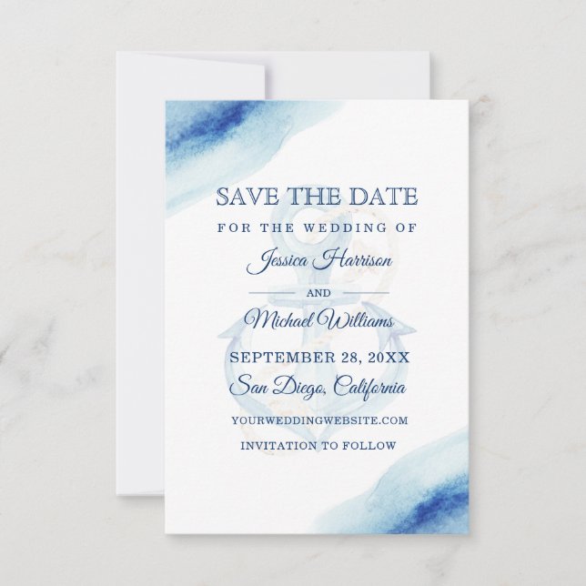 Save The Date Aquarelle Ancre Marine moderne Nautique (Devant)