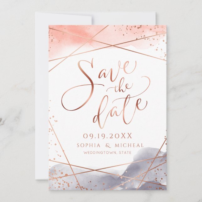 Save The Date Aquarelle aurifère rose Calligraphie géométrique (Devant)
