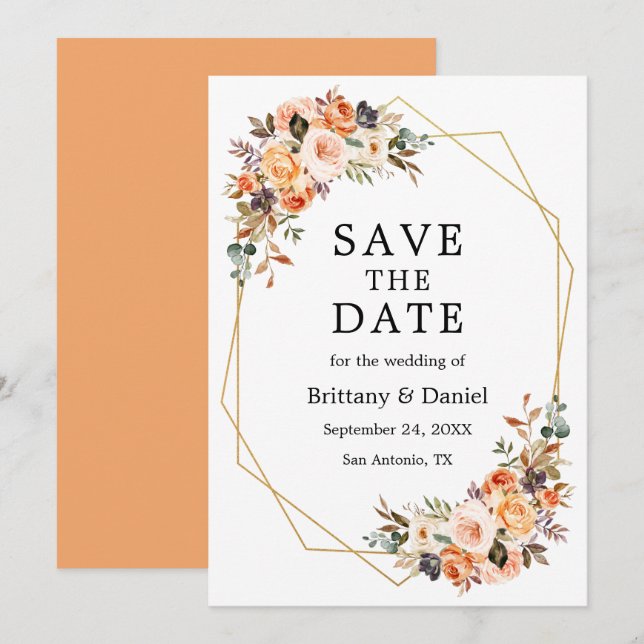 Save The Date Aquarelle Automne Floral Geo Frame Peach (Devant / Derrière)