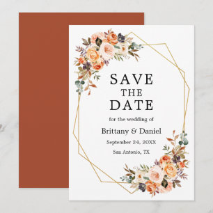 Save The Date Aquarelle Automne Floral Geo Frame Terracotta