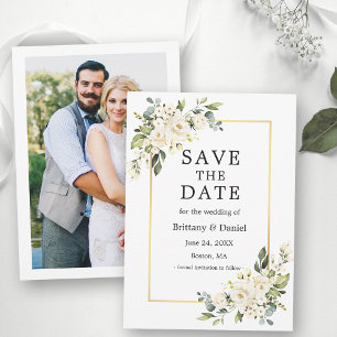 Save The Date Aquarelle Blanc Floral Vert Or Photo