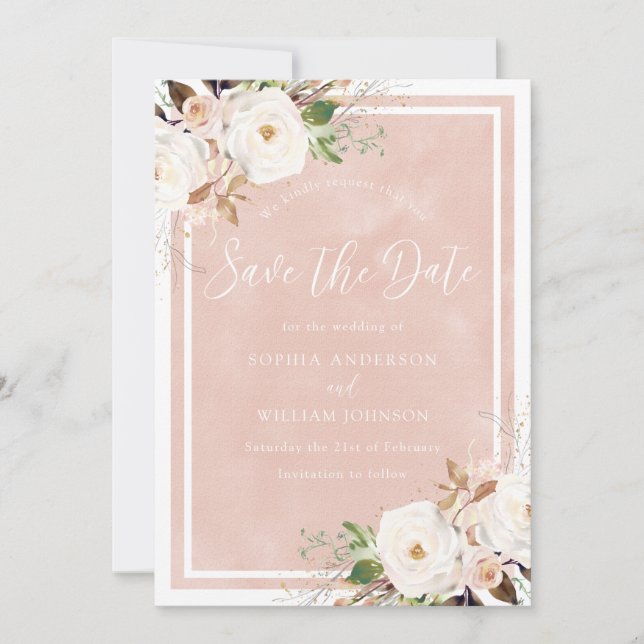 Save The Date Aquarelle blanche Fleurs blanches Beau Mariage (Devant)