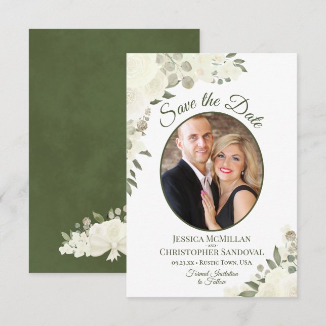 Save The Date Aquarelle blanche ivoire Floral Oval Mariage photo (Devant / Derrière)