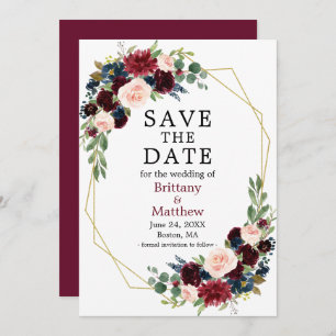 Save The Date Aquarelle bleu Bourgogne Floral Geo Frame