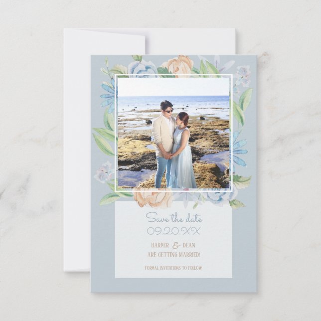 Save The Date Aquarelle bleu doux floral esquissé (Devant)