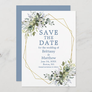 Save The Date Aquarelle bleu Dusty Verdure Gold Geo Frame