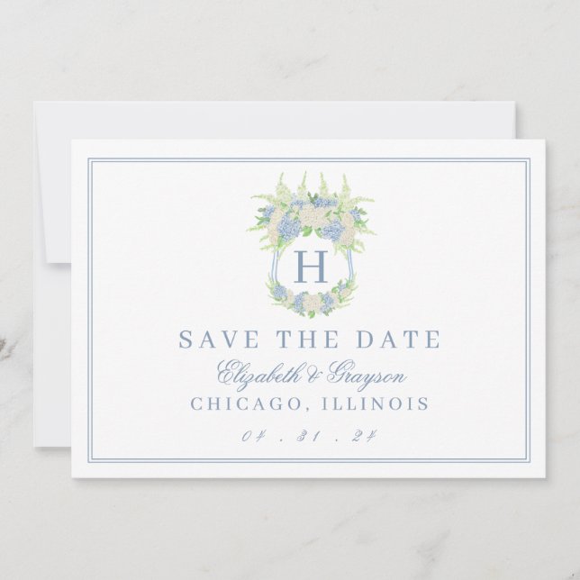 Save The Date Aquarelle Bleu et Blanc Hydrangea Crest (Devant)
