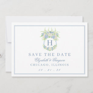 Save The Date Aquarelle Bleu et Blanc Hydrangea Crest