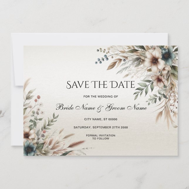 Save The Date Aquarelle bleu ivoire Fleurs Enregistrer La Date (Devant)