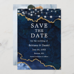 Save The Date Aquarelle Bleu Marbre Agate Géode Lumière Photo