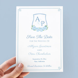 Save The Date Aquarelle Bleu Monogramme Botanique Mariage Crest
