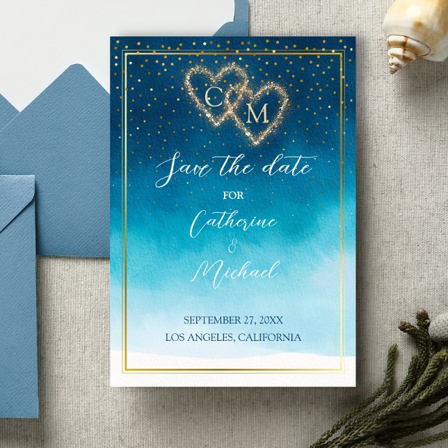 Save The Date Aquarelle Bleu Océan Vagues Avec Mariage Monogramm (Créateur téléchargé)