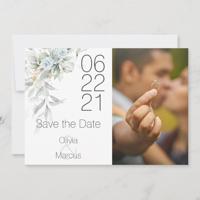 Save The Date Aquarelle bleu pâle Rose photo Enregistrer la date (Devant)