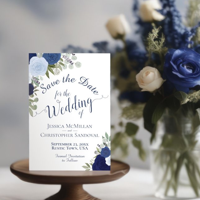 Save The Date Aquarelle bleu rustique Floral Elegant Boho Mariag (Créateur téléchargé)