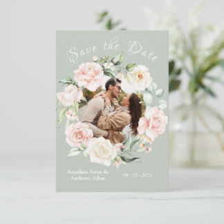 Save The Date Aquarelle bleu Sage Green Photo Mariage Floral