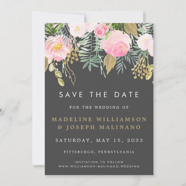 Save The Date Aquarelle Blush & Gold Floral Photo Enregistrer la (Devant)