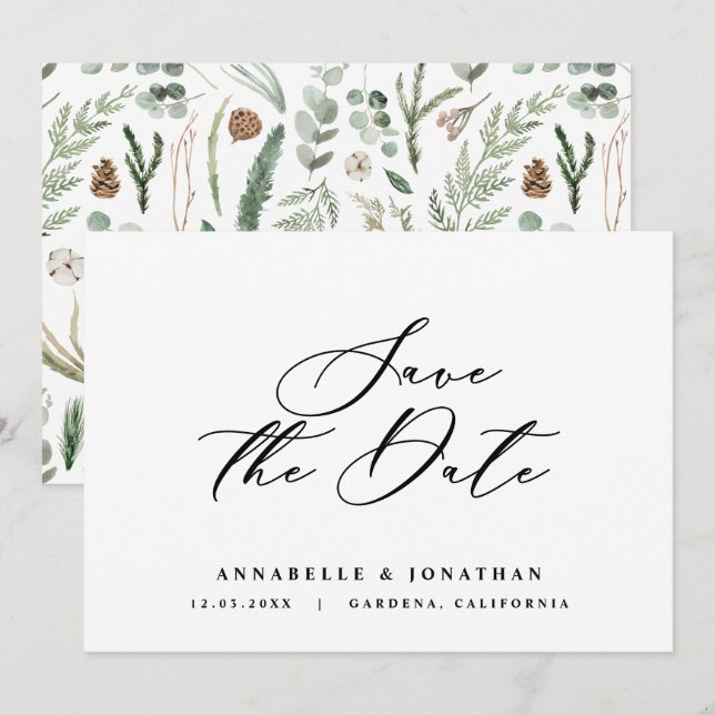 Save The Date Aquarelle botanique élégant script non photo enreg (Devant / Derrière)