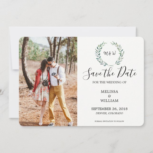 Save The Date Aquarelle botanique feuilles monogrammée photo (Devant)