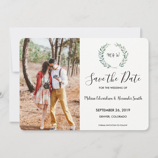 Save The Date Aquarelle botanique feuilles monogrammée photo (Devant)