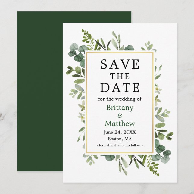 Save The Date Aquarelle Botanique Verdure Eucalyptus Feuille (Devant / Derrière)