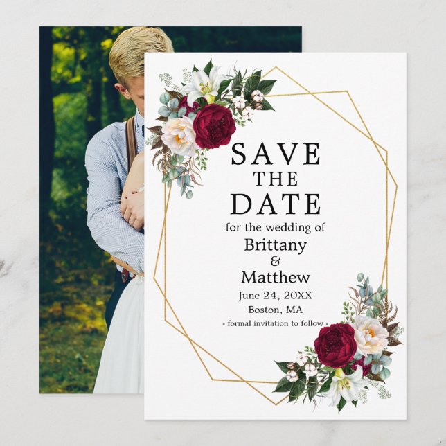 Save The Date Aquarelle Bourgogne Blanc Floral Geo Photo (Devant / Derrière)