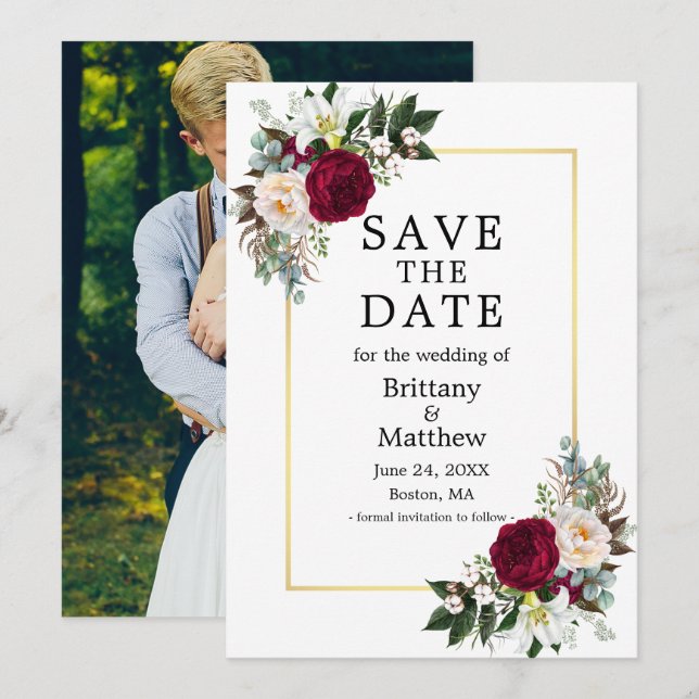 Save The Date Aquarelle Bourgogne Blanc Floral Photo Or (Devant / Derrière)