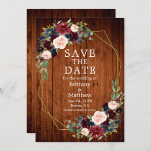 Save The Date Aquarelle Bourgogne Bleu Floral Bois Geo Frame