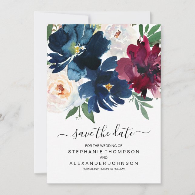 Save The Date Aquarelle Bourgogne Fleurs de marine Enregistrer l (Devant)