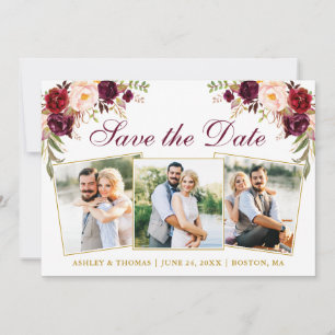 Save The Date Aquarelle Bourgogne Floral 3 Photo Or
