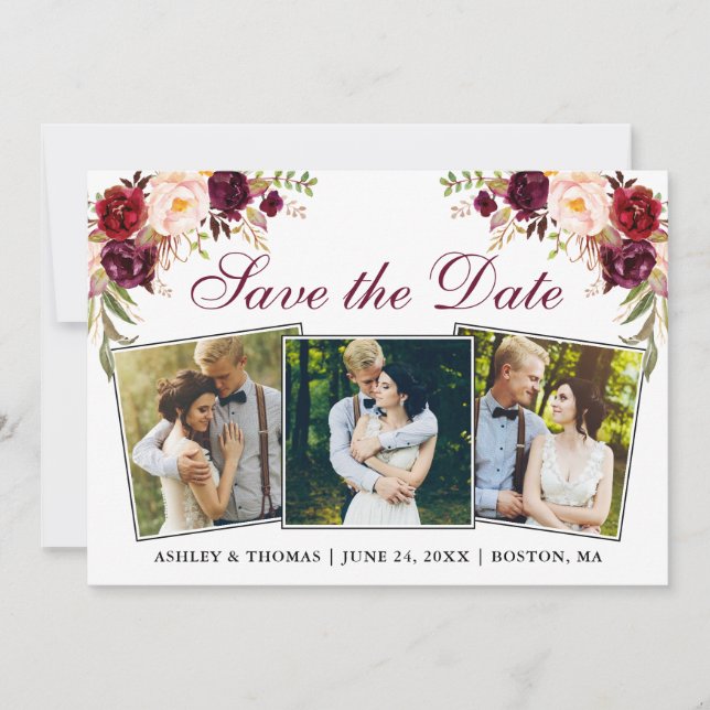 Save The Date Aquarelle Bourgogne Floral 3 Photos (Devant)