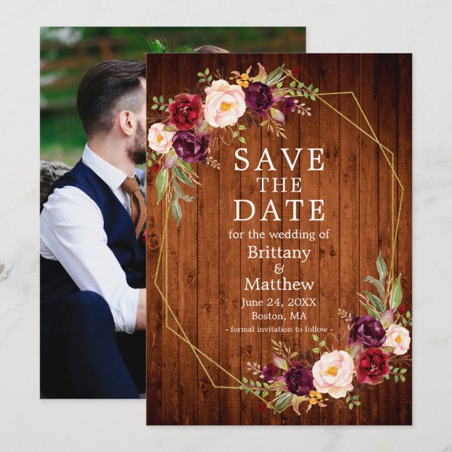 Save The Date Aquarelle Bourgogne Floral Bois Geo Photo Cadre (Devant / Derrière)