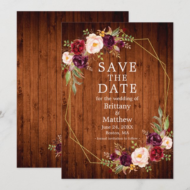 Save The Date Aquarelle Bourgogne Floral Bois Or Cadre Geo (Devant / Derrière)