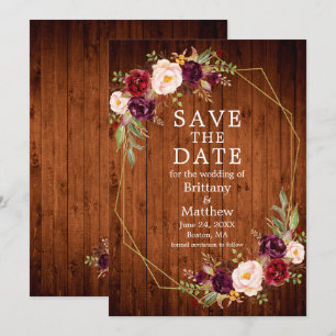 Save The Date Aquarelle Bourgogne Floral Bois Or Cadre Geo