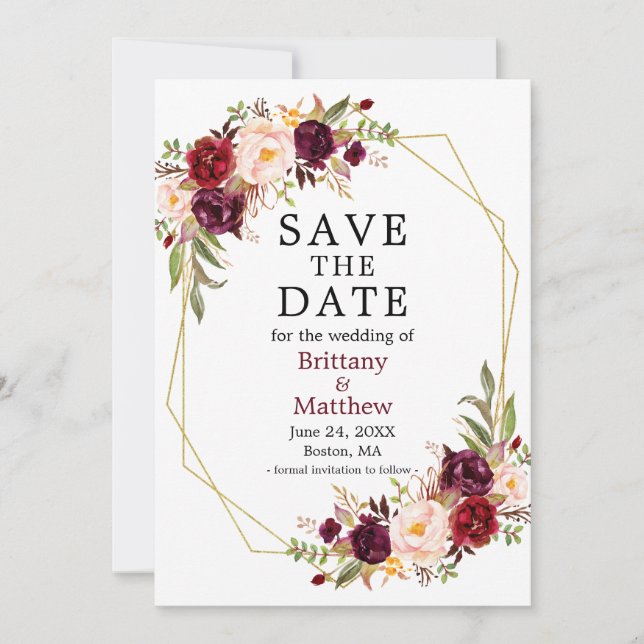 Save The Date Aquarelle Bourgogne Floral Geo Frame (Devant)